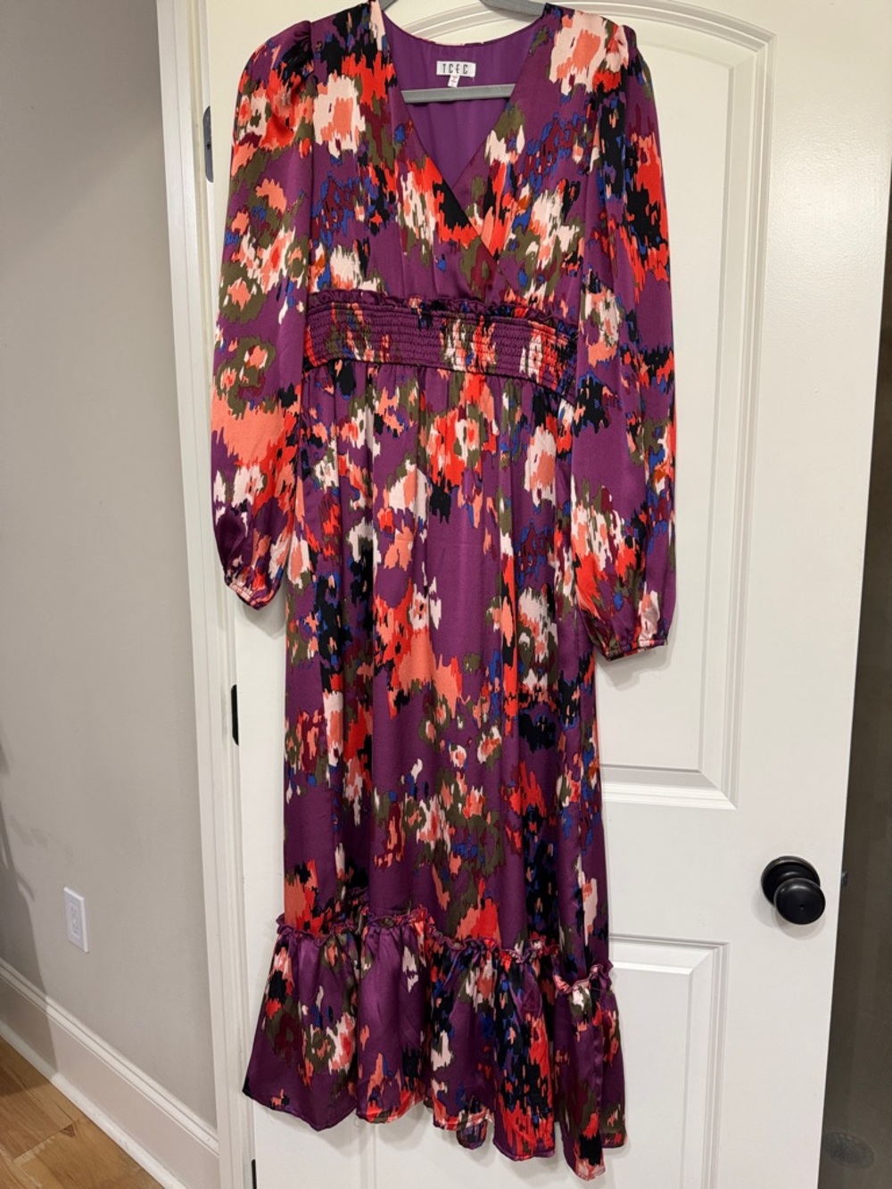 Boutique Purple Floral Maxi Dress with Coral & Olive Accents